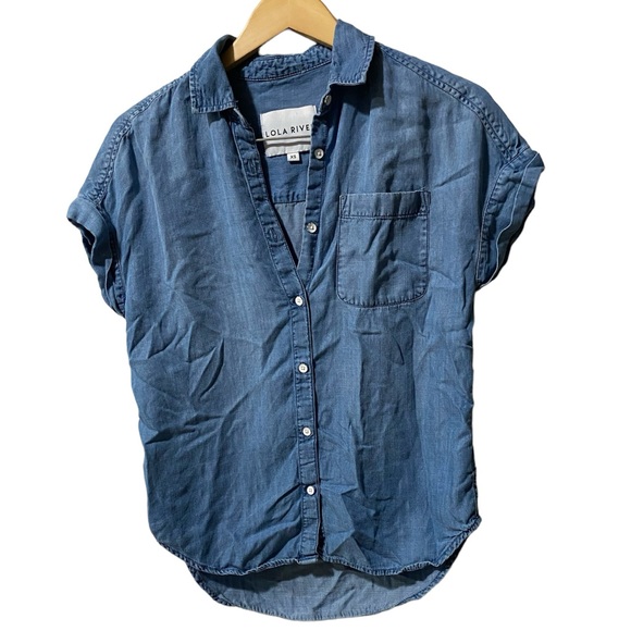 LOLA RIVER DENIM SHIRT BUTTON DOWN SHORT SLEEVES 100% TENCEL SIZE XS - Picture 1 of 9